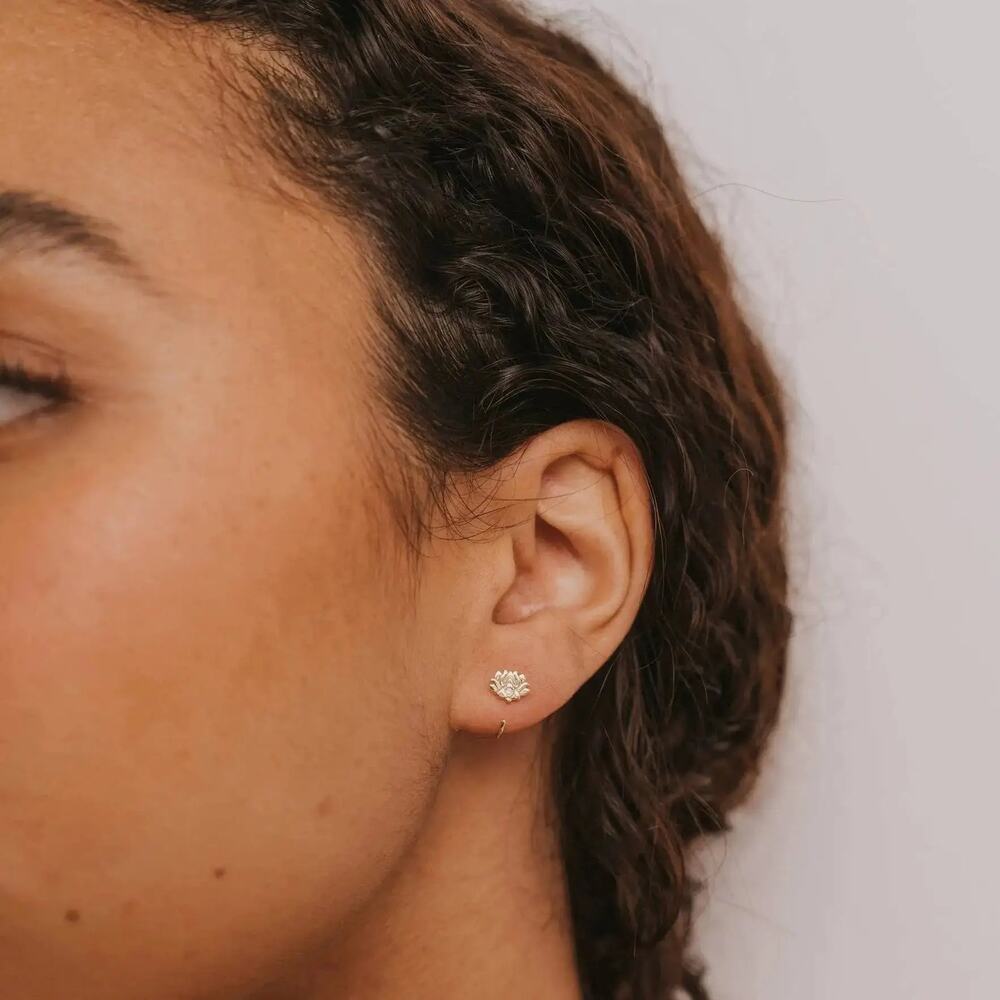 NEW ANTHROPOLOGIE Lotus Flower Icon 18kt Gold Tiny White CZ Stone Hoop Earring - Picture 6 of 9